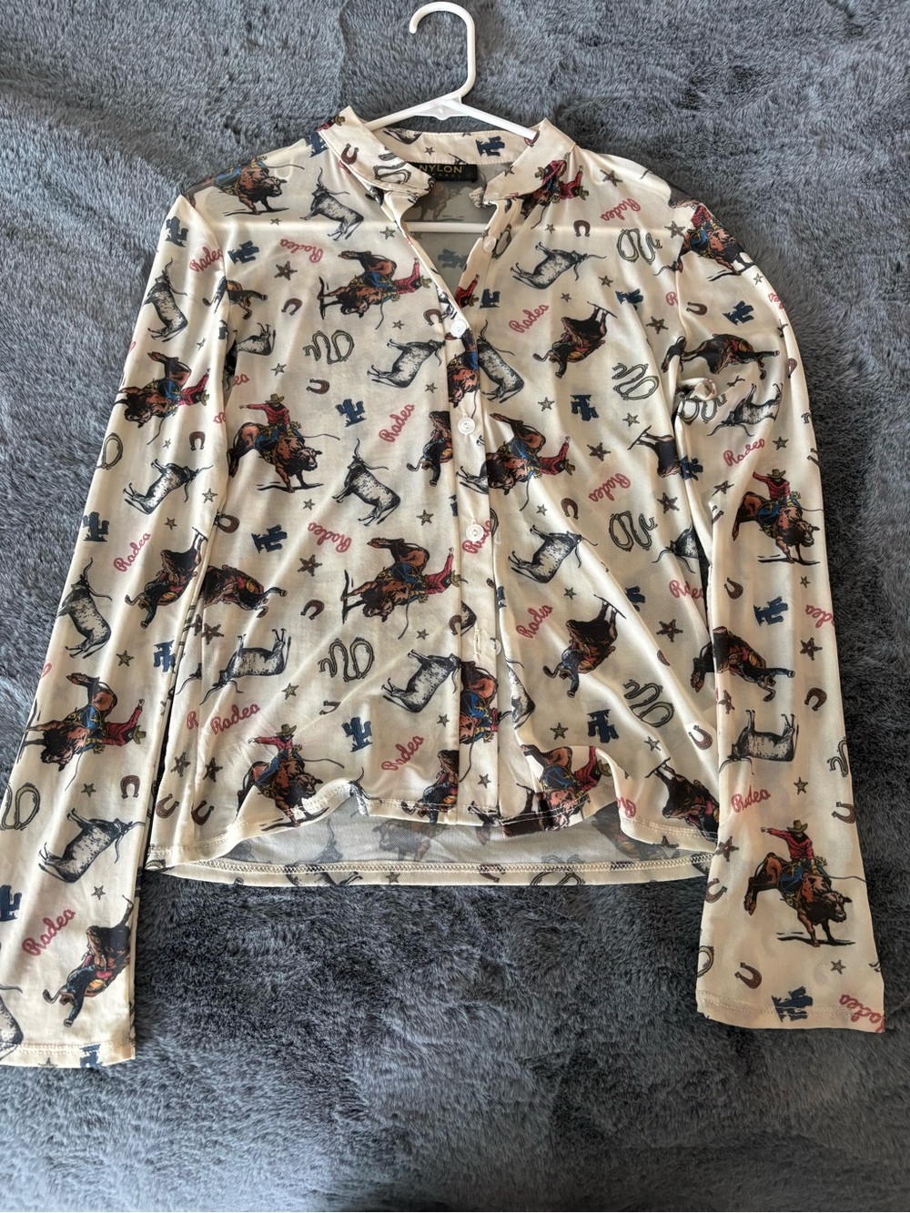 Western Rodeo Print Button-Up Shirt - Cream with Multicolor Motif